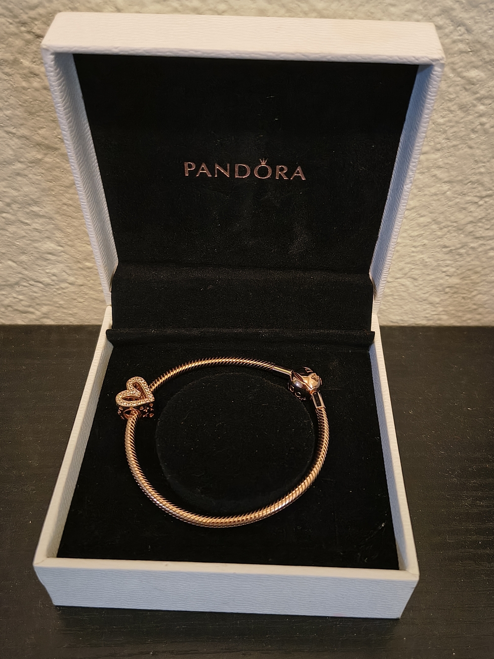 Pandora Rose Gold Heart Charm Snake Chain Bracelet With Heart Charm